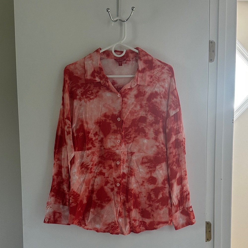 Guess Orange and White Long Sleeve Button Down Shirt